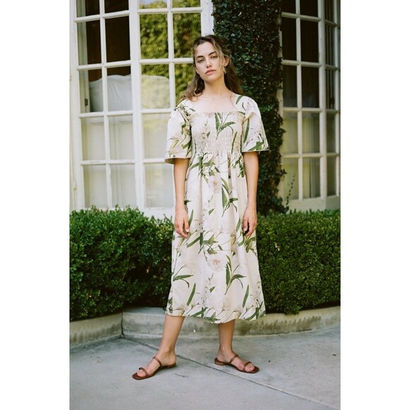 Lisa Says Gah! Dresses & Skirts - Lisa Says Gah Toni Smocked Midi Dress Womens M Floral Linen Cotton Square Neck